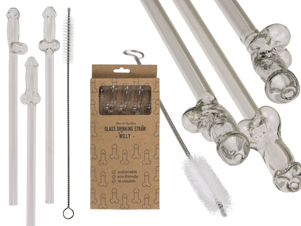 Glaspenis-Strohhalm mit Reinigungsbürste Willy - 4 Stück