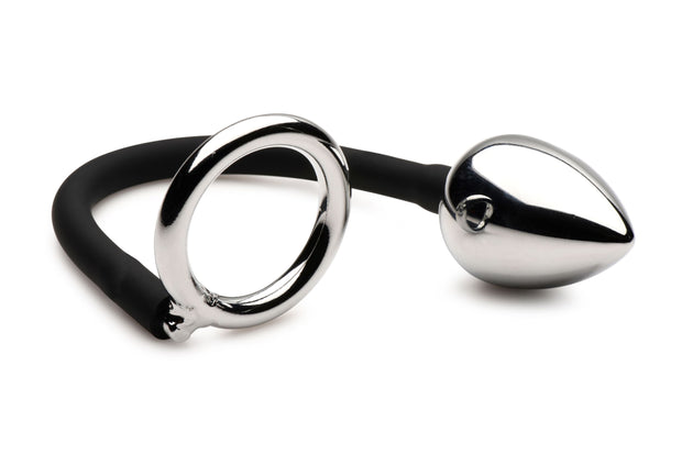 XR Brands - Tug + Plug Penis- und Hodenring mit Analplug - Schwarz & Silber