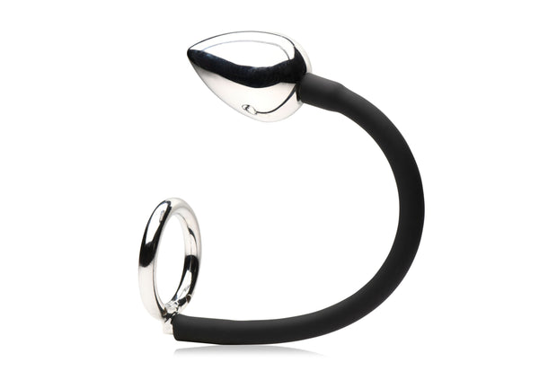 XR Brands - Tug + Plug Penis- und Hodenring mit Analplug - Schwarz & Silber