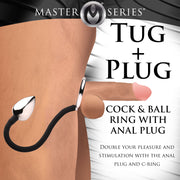 XR Brands - Tug + Plug Penis- und Hodenring mit Analplug - Schwarz & Silber