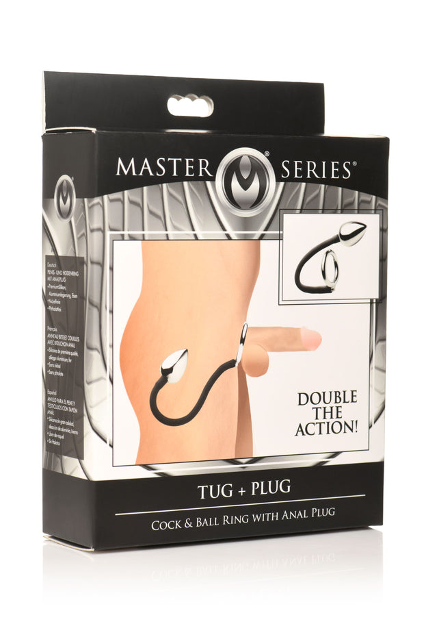 XR Brands - Tug + Plug Penis- und Hodenring mit Analplug - Schwarz & Silber