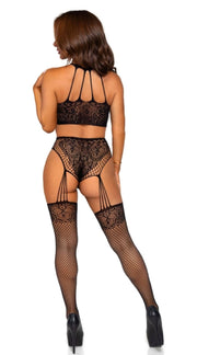 Leg Avenue - Neckholder-Spitzenbody mit Angenähten Strapsen - Schwarz