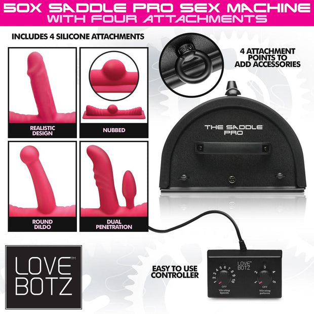 LOVE BOTZ - 50X Saddle Pro Sexmaschine mit 4 Aufsätzen - Schwarz