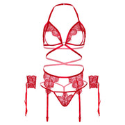 LEG AVENUE - VIERTEILIGES SET: BH, G-STRING, STRUMPFGÜRTEL UND HANDGELENK-MANSCHETTEN, EINE GRÖSSE - ROT