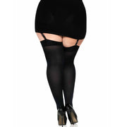 LEG AVENUE - HOHE OBERSCHENKEL AUS SCHWARZEM NYLON MIT SCHWARZER SCHLEIFE, GROßE GRÖSSE