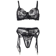 SUBBLIME - 3-TEILIGES SET BH + STRING + STRUMPFBAND BLUMENPRINT SCHWARZ S/M