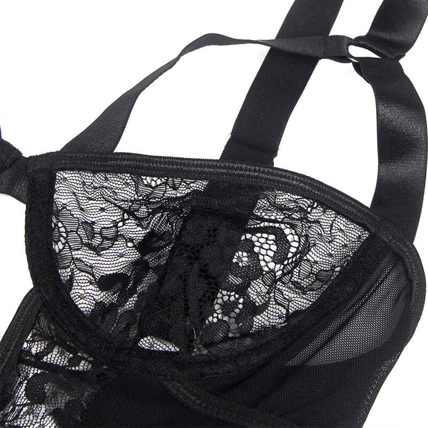 SUBBLIME - TEDDY MIT STRUMPFBAND MIT SPITZENDETAIL UND STREIFEN SCHWARZ L/XL