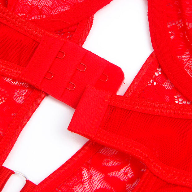 SUBBLIME - TEDDY MIT STRUMPFBAND MIT SPITZENDETAIL UND STREIFEN ROT L/XL