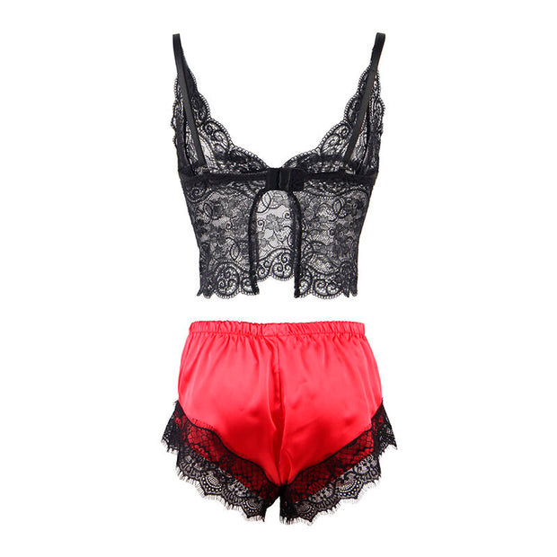SUBBLIME - 953966 LÄSSIGE SEIDE NACHTHEMD + SPITZENHOSE SCHWARZ/ROT L/XL