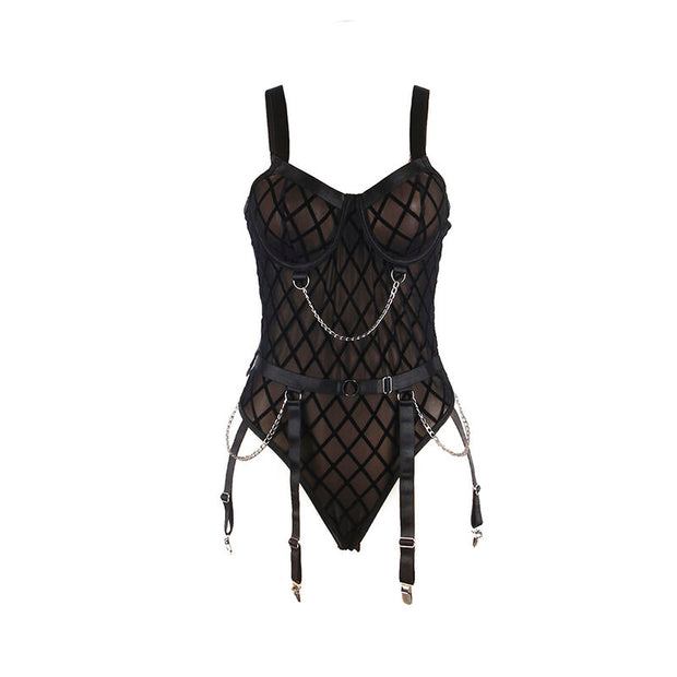 SUBBLIME - 9542277 BODY MIT KETTEN + STRUMPFGÜRTEL SCHWARZ L/XL