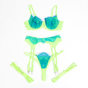 SUBBLIME - 955328 BH-SET MIT SPITZE UND STRUMPFBAND GRÜN UND BLAU L/XL