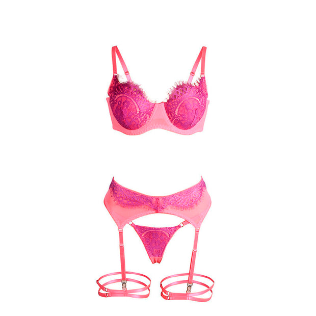 SUBBLIME - 955359 BH-SET MIT SPITZE UND STRUMPFBÄNDERN ROSA UND LILA S/M