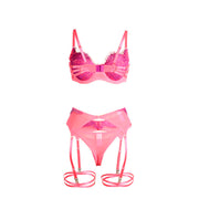 SUBBLIME - 955359 BH-SET MIT SPITZE UND STRUMPFBÄNDERN ROSA UND LILA S/M